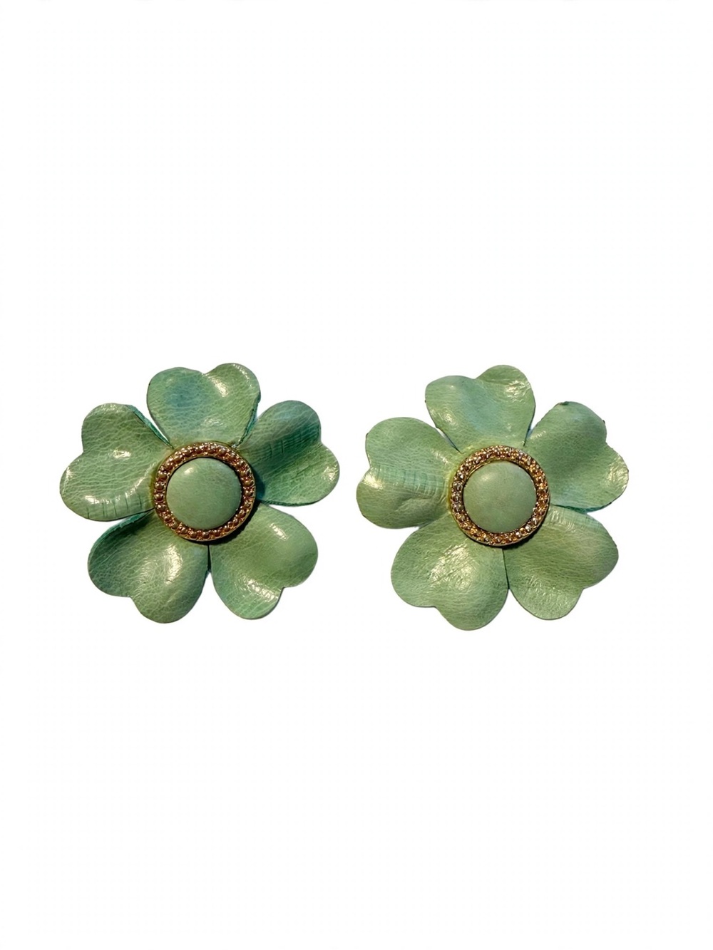 New Green Leather Flower Stud Earrings S925 Silver Posts For Women E099